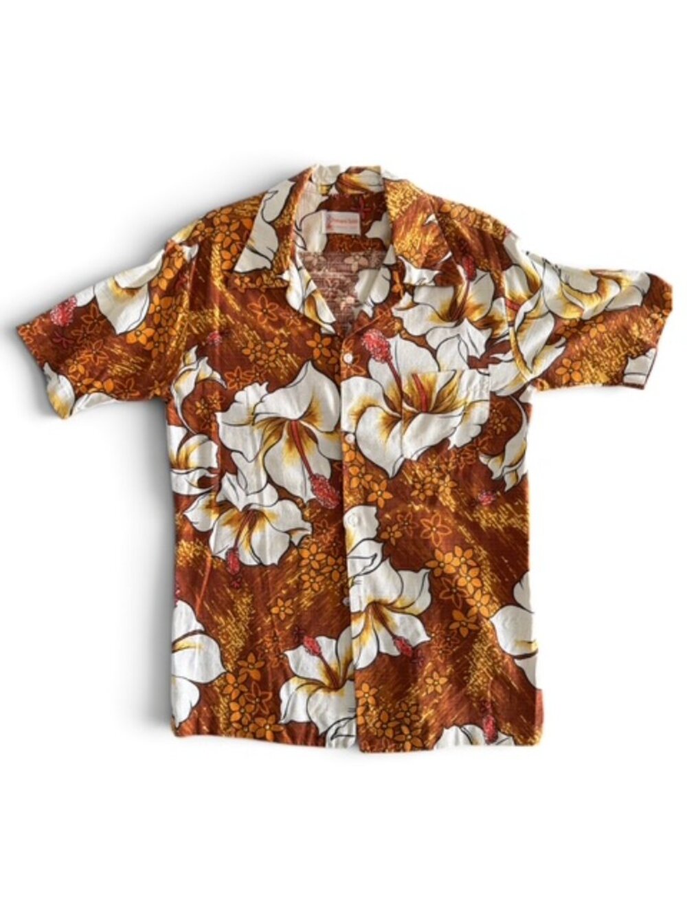 Vintage Pomare Tahiti Hawaiian Aloha Shirt Men's Small Tiki Floral Made Hawaii